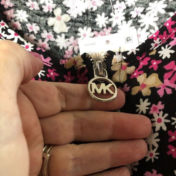NWT Michael Kors Pink Floral Printed Cold Shoulder 1/4 Zip Front Top - L - Picture 4 of 13